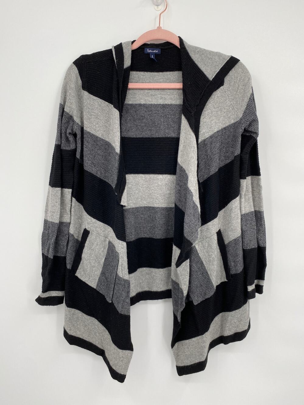 Splendid Open Front Asmmetric Hem Stripe Gray Black Cardigan with Hoodie Size XS